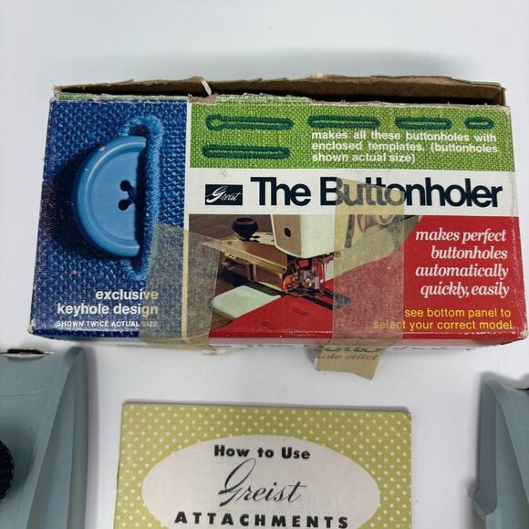 Set of 2 Greist Buttonholers Model Automatic Buttonhole Stitch Attachments w Box - Picture 3 of 12